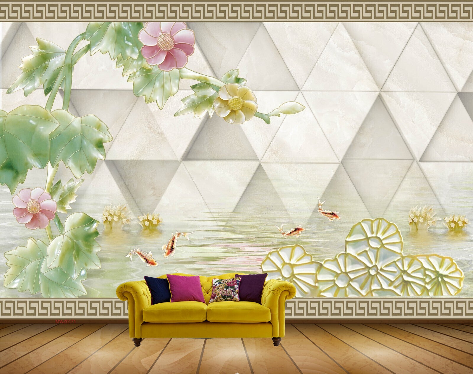 Avikalp MWZ0171 Pink Yellow Flowers Fishes 3D HD Wallpaper