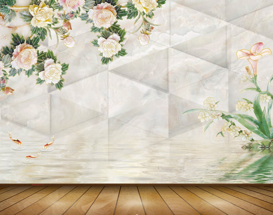 Avikalp MWZ0172 White Flowers Fishes Plants 3D HD Wallpaper