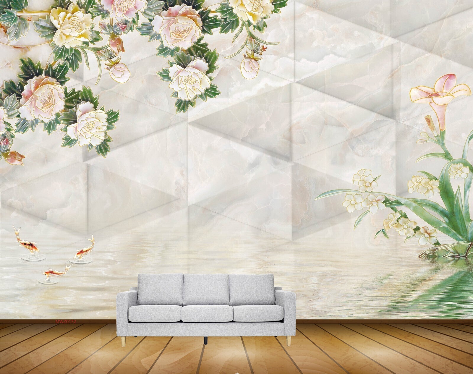 Avikalp MWZ0172 White Flowers Fishes Plants 3D HD Wallpaper