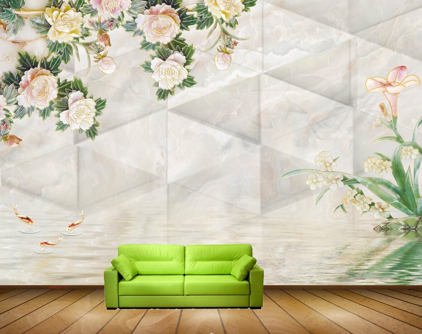 Avikalp MWZ0172 White Flowers Fishes Plants 3D HD Wallpaper