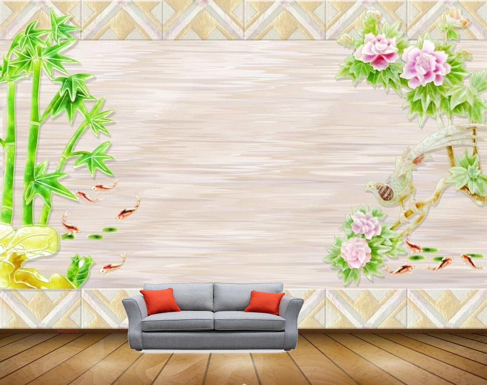 Avikalp MWZ0173 Plants Pink Flowers Fishes 3D HD Wallpaper