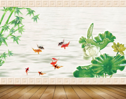 Avikalp MWZ0174 White Lotus Flower Fishes Plants 3D HD Wallpaper