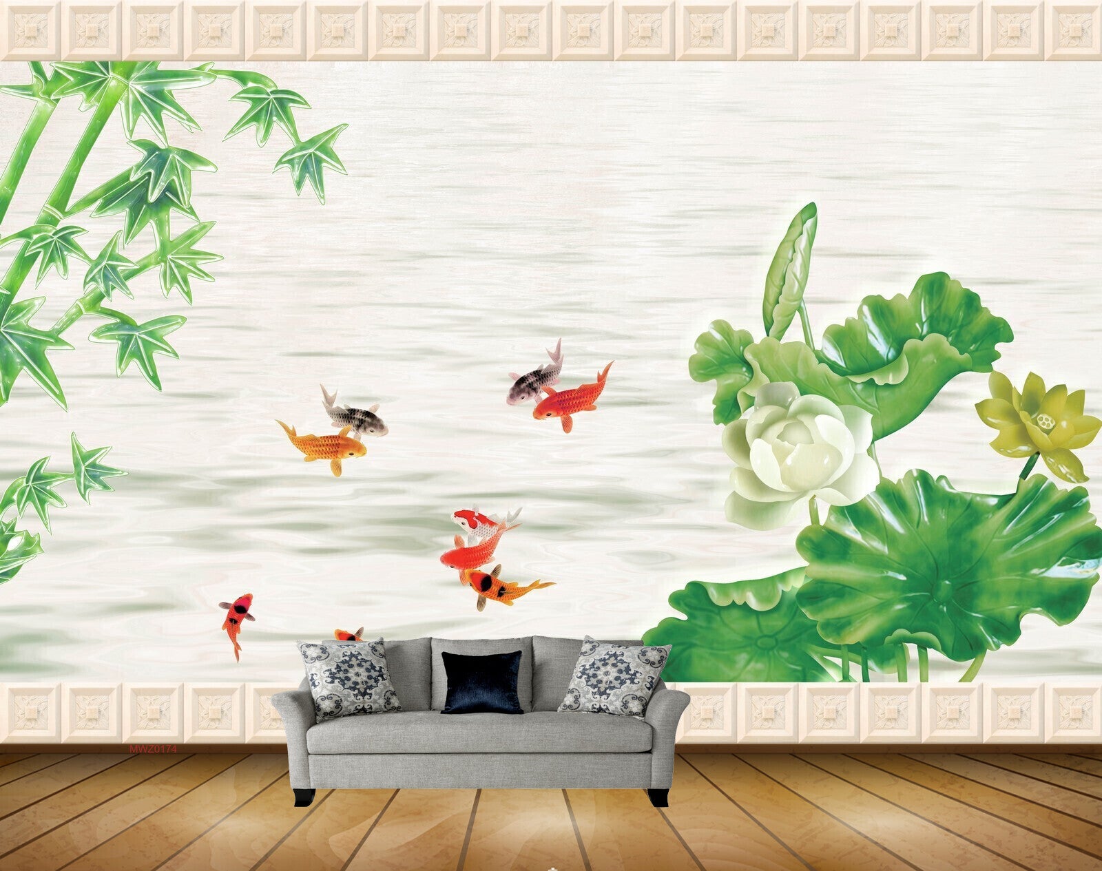 Avikalp MWZ0174 White Lotus Flower Fishes Plants 3D HD Wallpaper