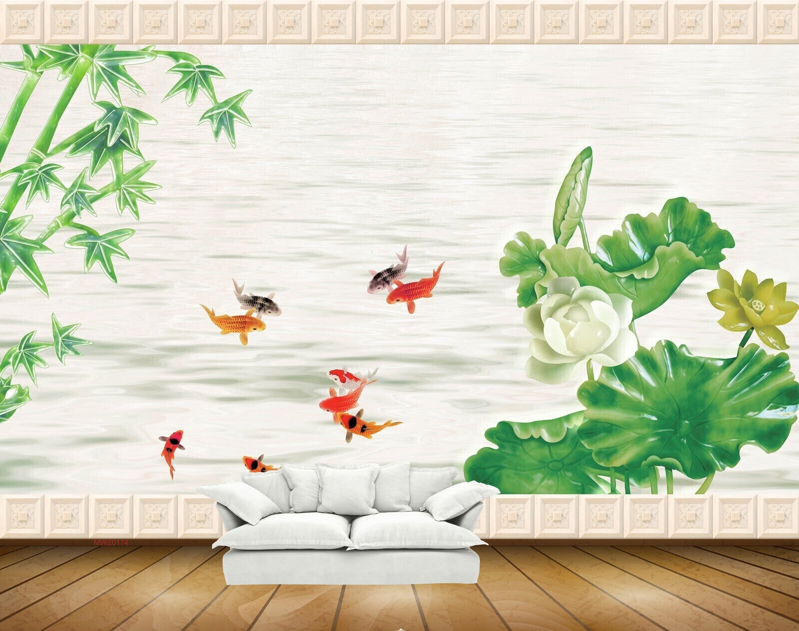 Avikalp MWZ0174 White Lotus Flower Fishes Plants 3D HD Wallpaper
