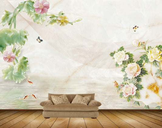 Avikalp MWZ0176 White Pink Flowers Butterflies Fishes HD Wallpaper