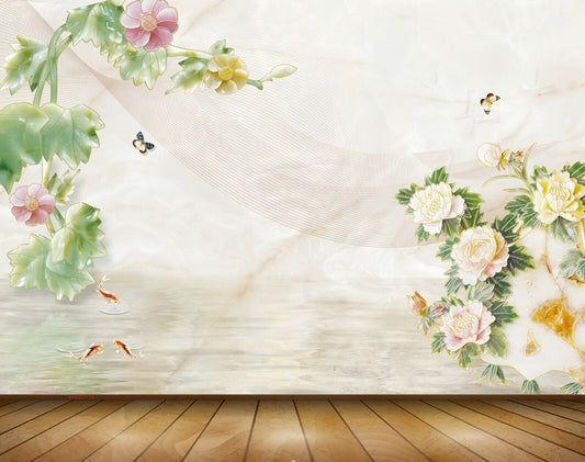 Avikalp MWZ0176 White Pink Flowers Butterflies Fishes 3D HD Wallpaper
