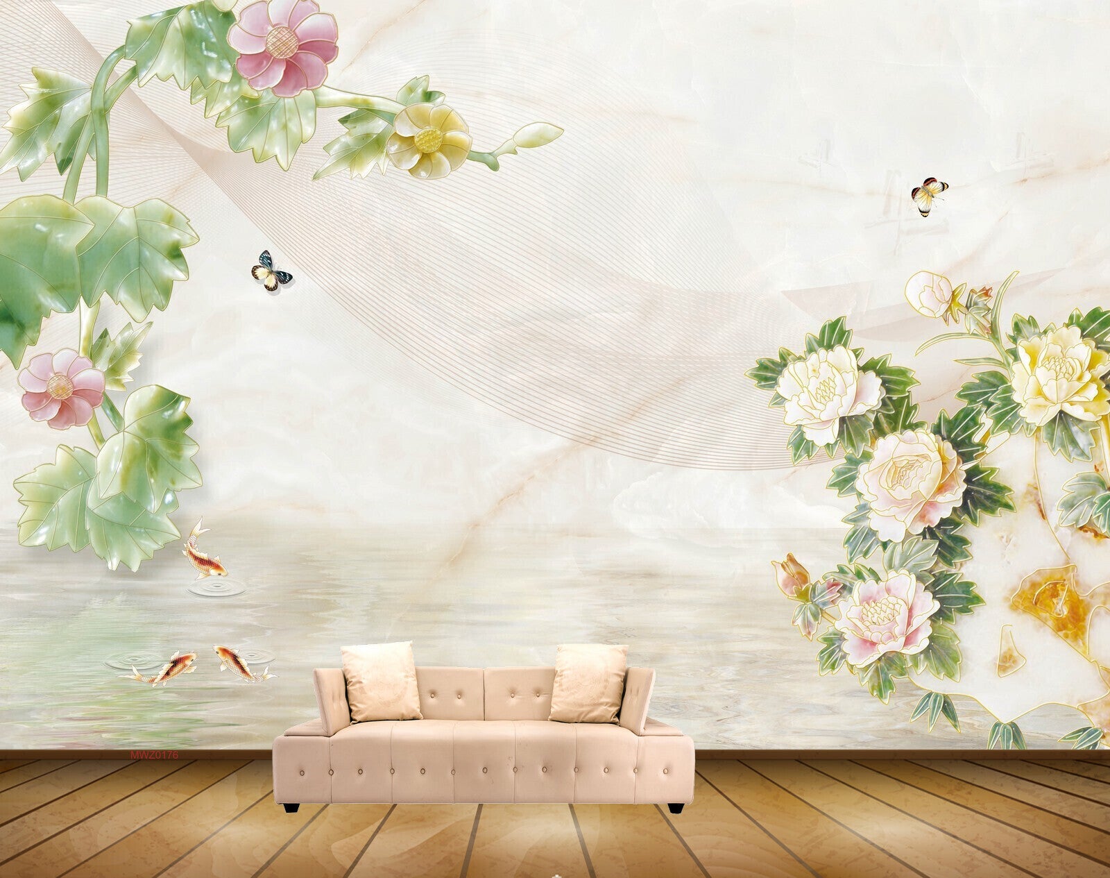 Avikalp MWZ0176 White Pink Flowers Butterflies Fishes 3D HD Wallpaper