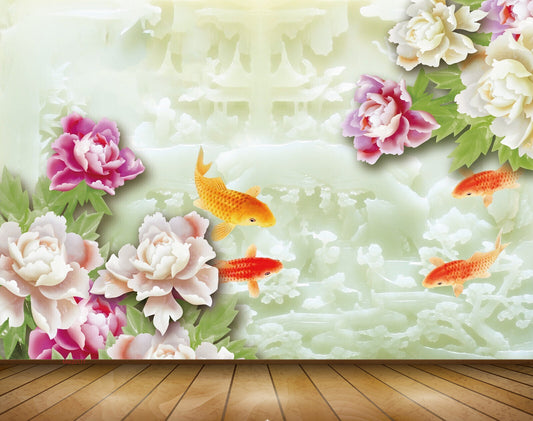 Avikalp MWZ0177 Pink White Flowers Fishes Plants 3D HD Wallpaper