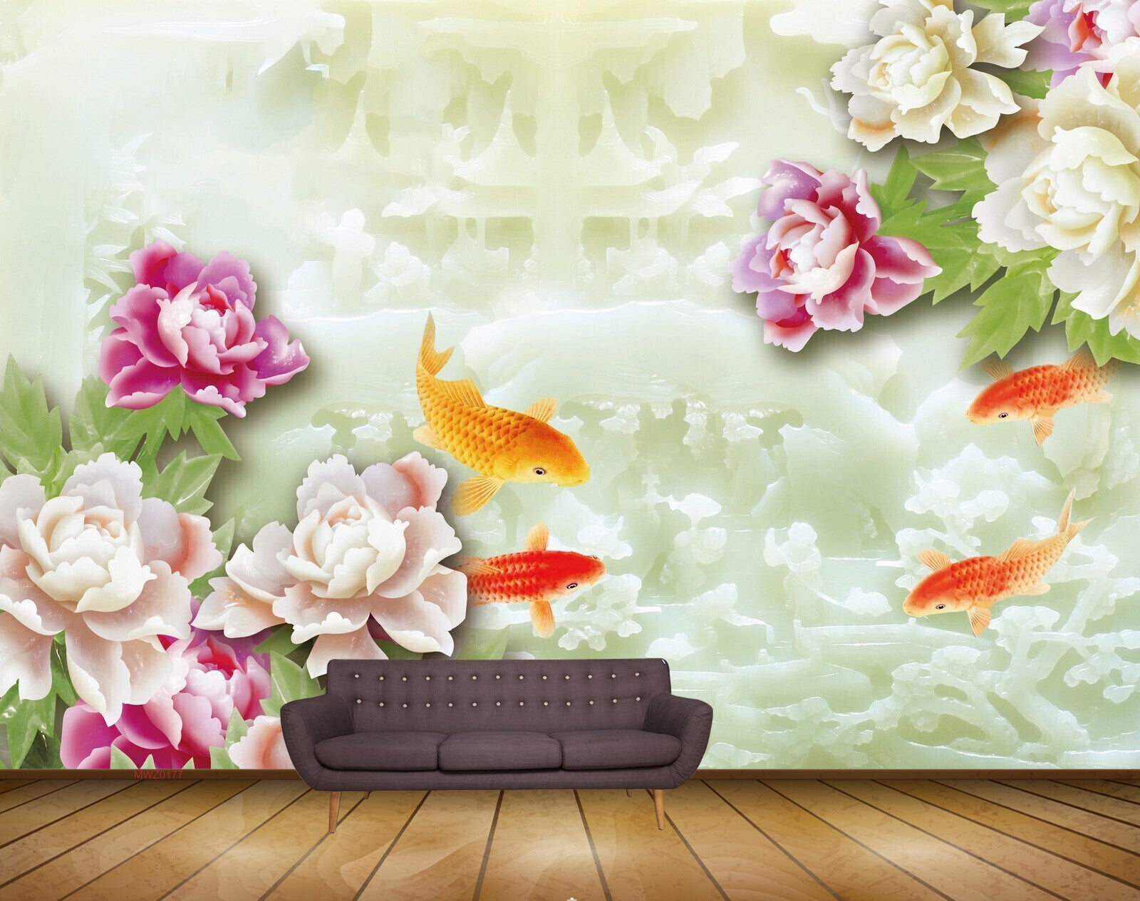 Avikalp MWZ0177 Pink White Flowers Fishes Plants 3D HD Wallpaper