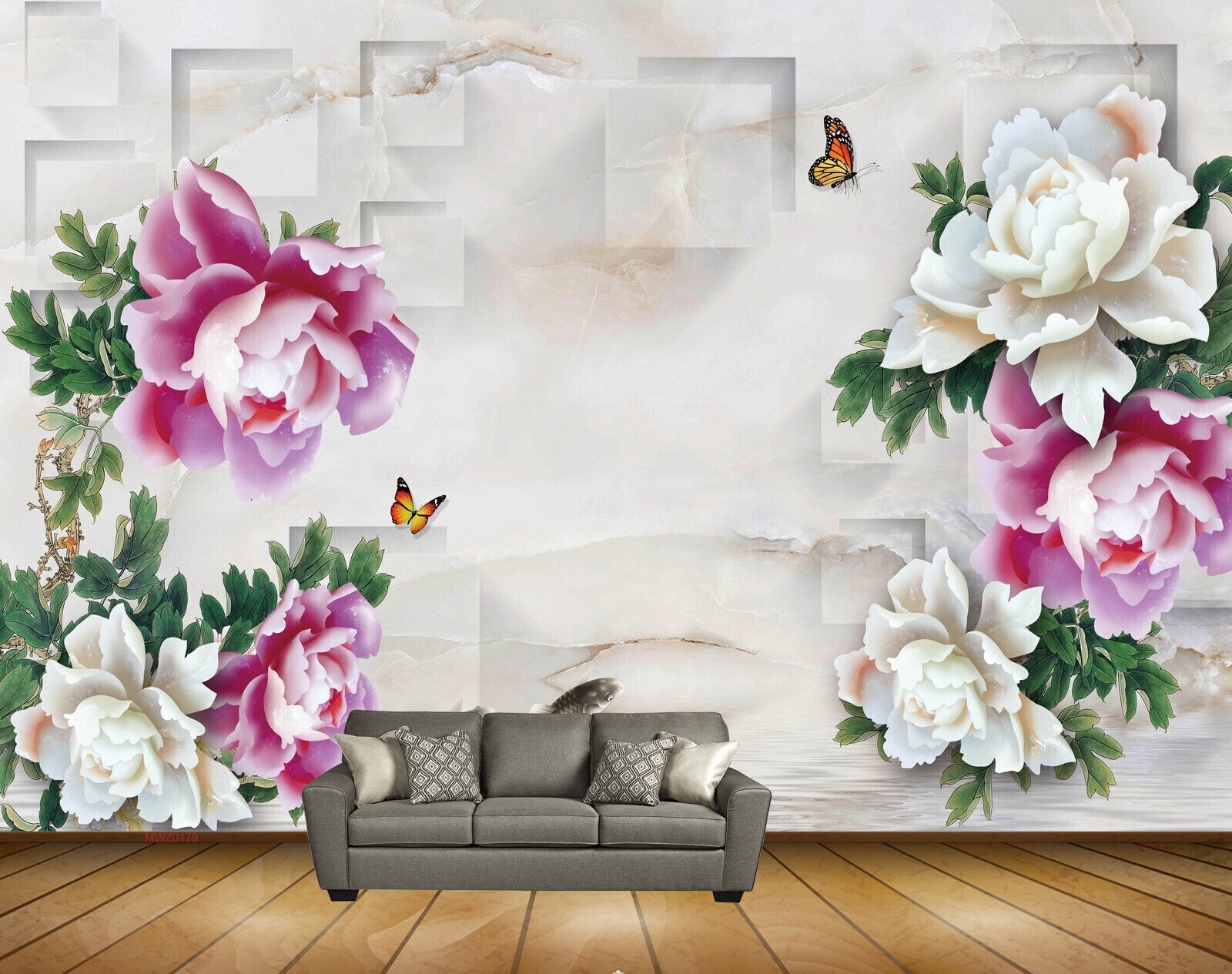 Avikalp MWZ0179 White Pink Flowers Butterflies Fishes 3D HD Wallpaper