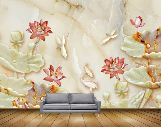 Avikalp MWZ0180 White Pink Flowers Birds HD Wallpaper