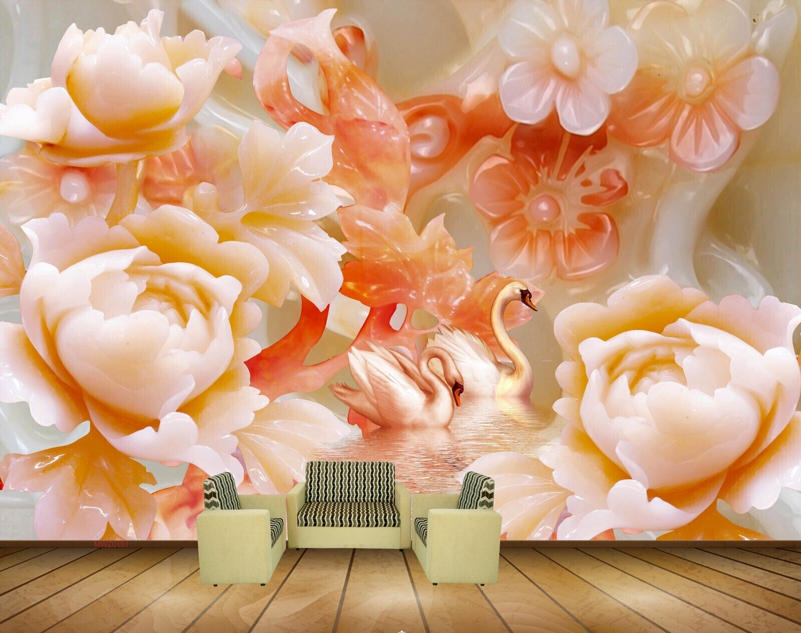 Avikalp MWZ0181 White Red Flowers Swans 3D HD Wallpaper