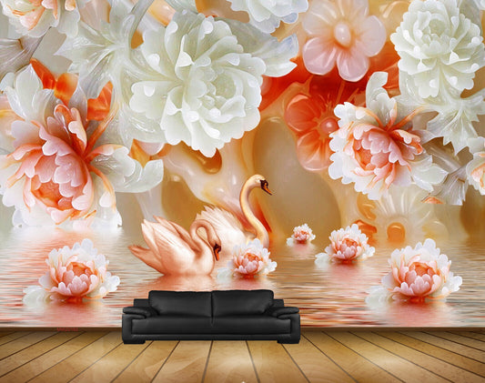 Avikalp MWZ0182 White Red Flowers Swans HD Wallpaper