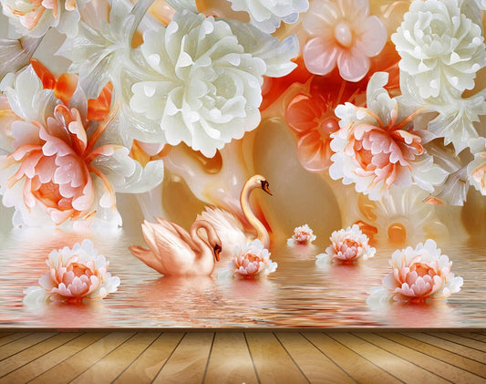 Avikalp MWZ0182 White Red Flowers Swans 3D HD Wallpaper