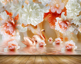Avikalp MWZ0182 White Red Flowers Swans 3D HD Wallpaper