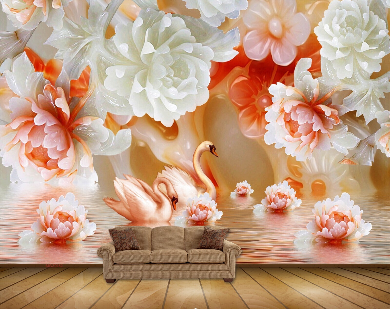Avikalp MWZ0182 White Red Flowers Swans 3D HD Wallpaper