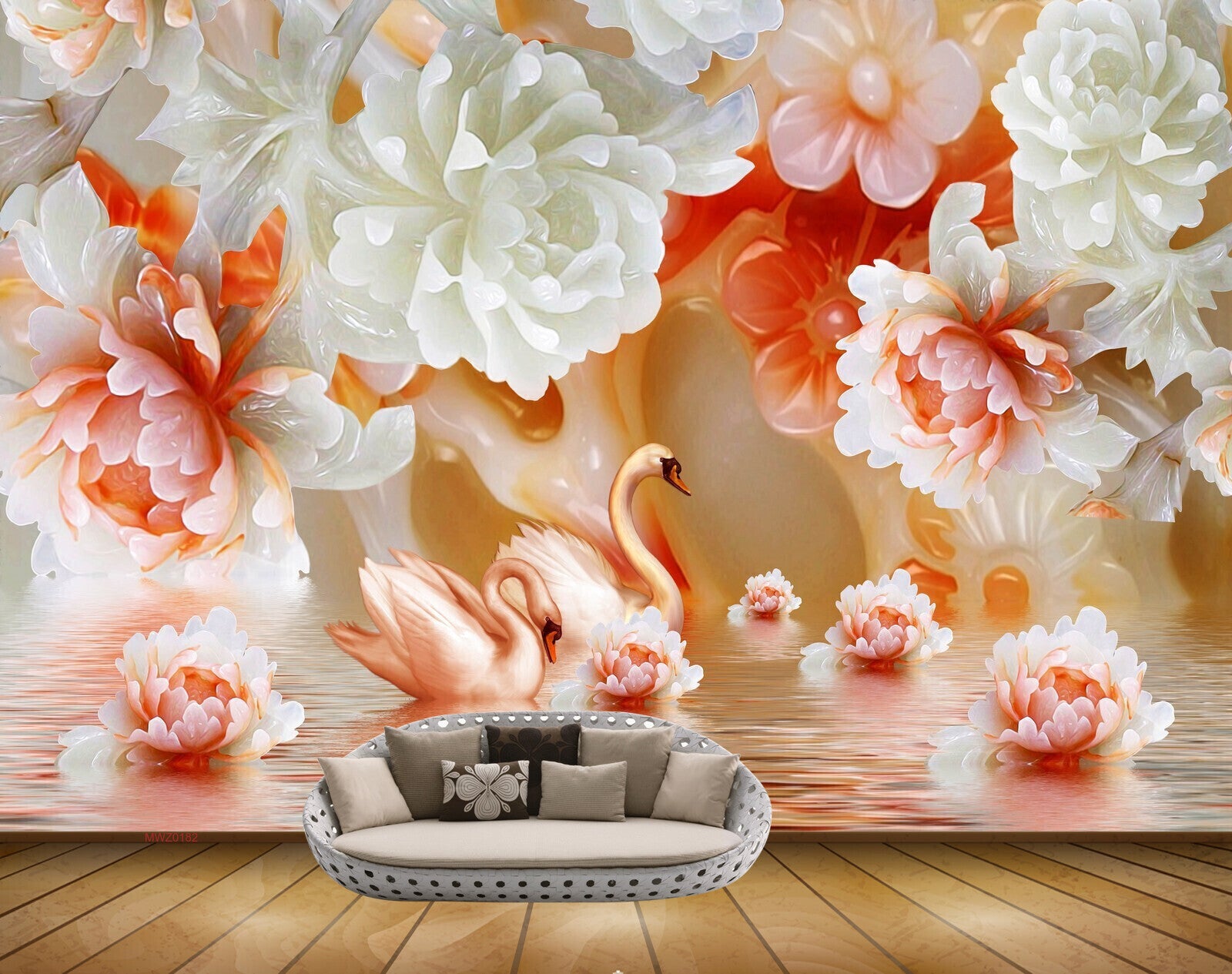 Avikalp MWZ0182 White Red Flowers Swans 3D HD Wallpaper