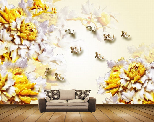 Avikalp MWZ0186 White Yellow Flowers Plants Birds HD Wallpaper