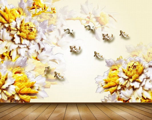 Avikalp MWZ0186 White Yellow Flowers Plants Birds 3D HD Wallpaper