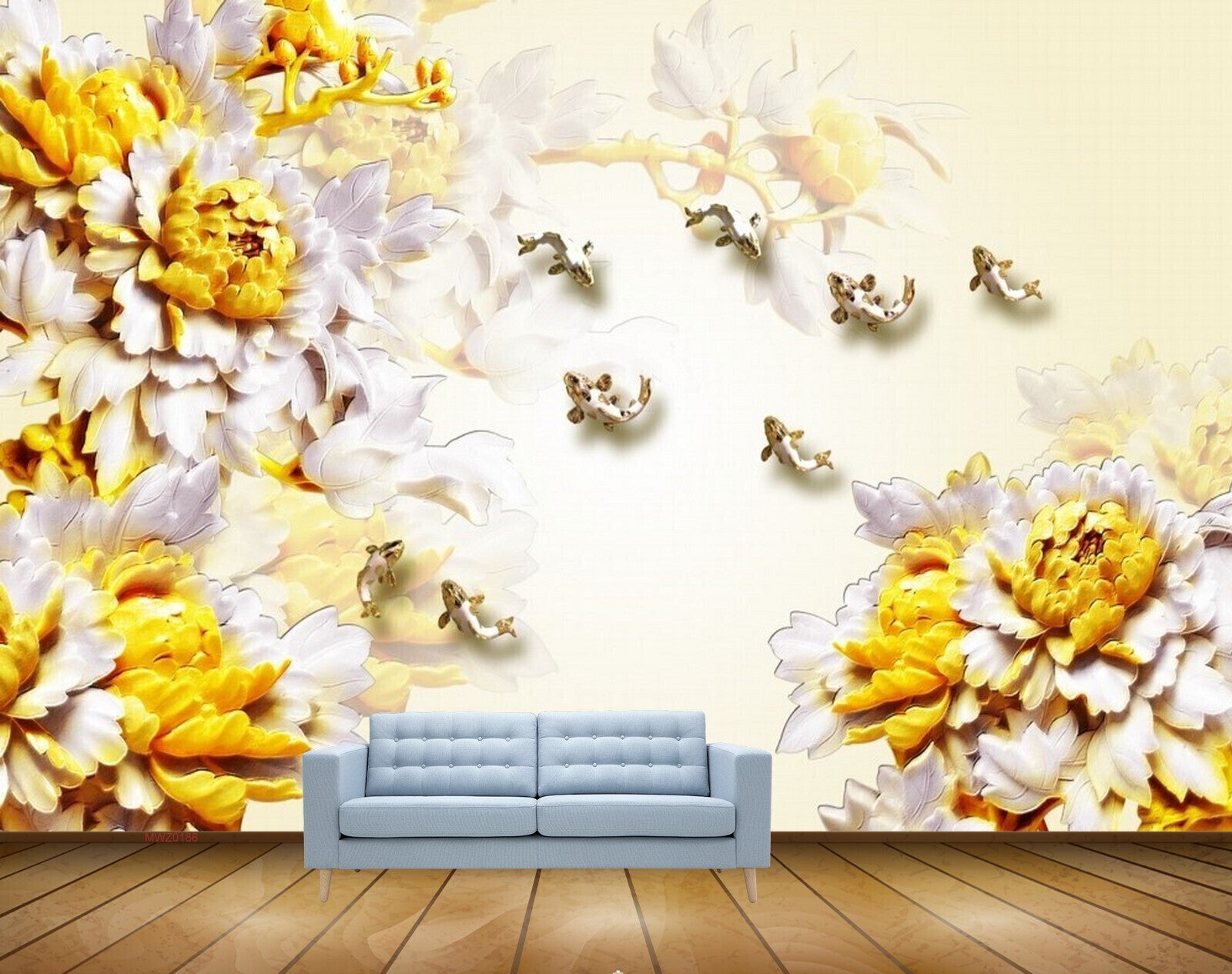 Avikalp MWZ0186 White Yellow Flowers Plants Birds 3D HD Wallpaper