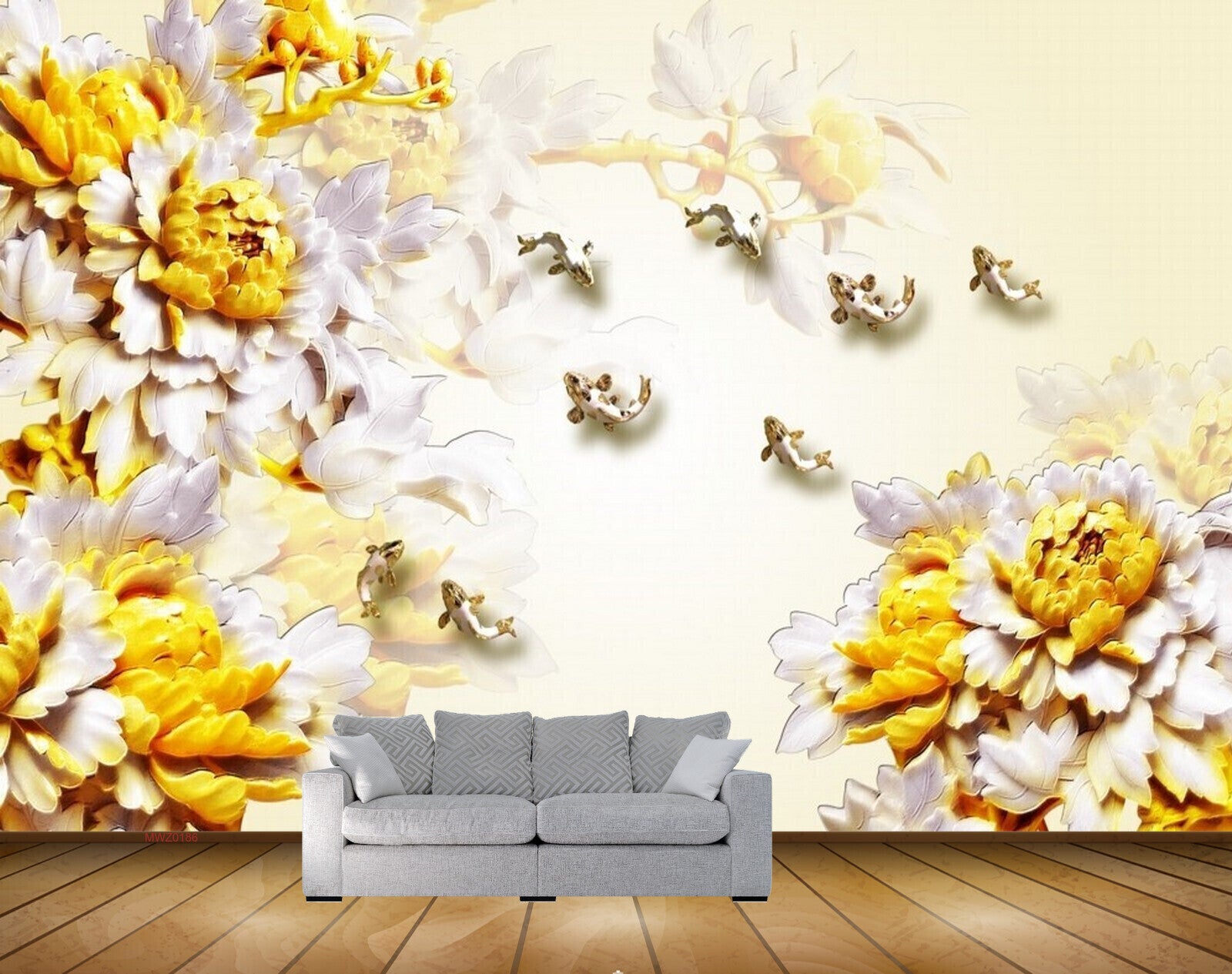 Avikalp MWZ0186 White Yellow Flowers Plants Birds 3D HD Wallpaper