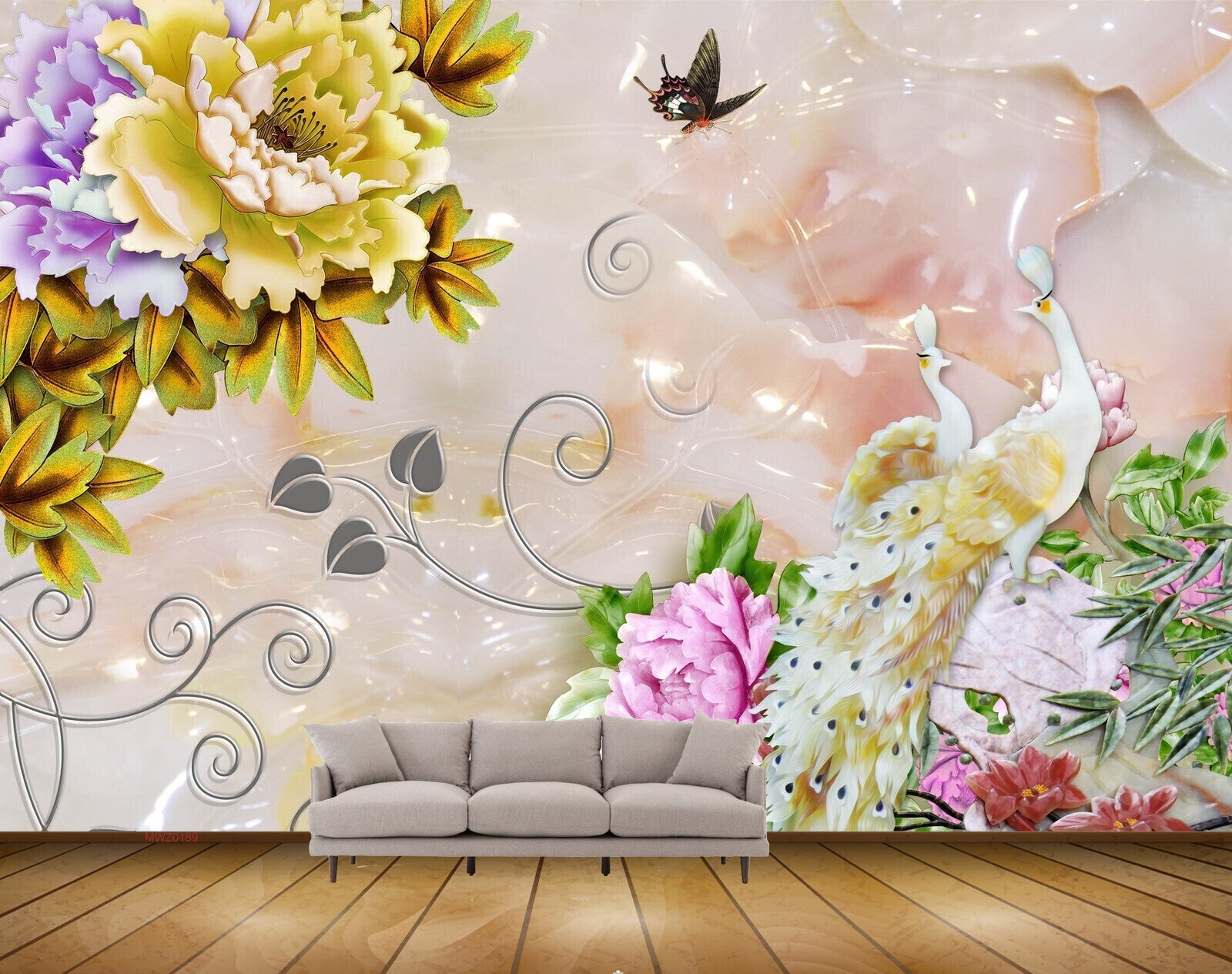 Avikalp MWZ0189 Peacocks Butterflies Flowers Plants 3D HD Wallpaper