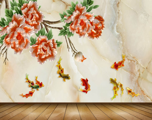Avikalp MWZ0191 White Red Flowers Branches Fishes 3D HD Wallpaper