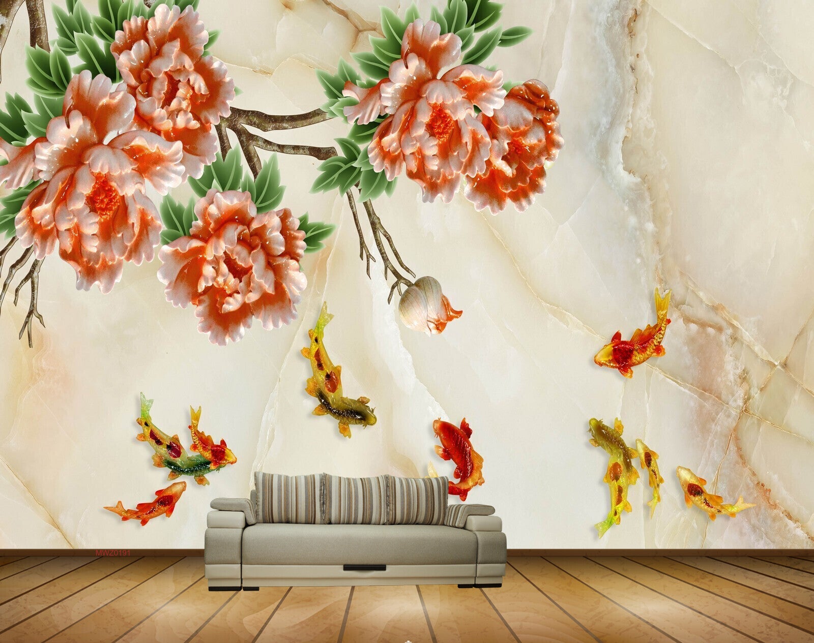 Avikalp MWZ0191 White Red Flowers Branches Fishes 3D HD Wallpaper