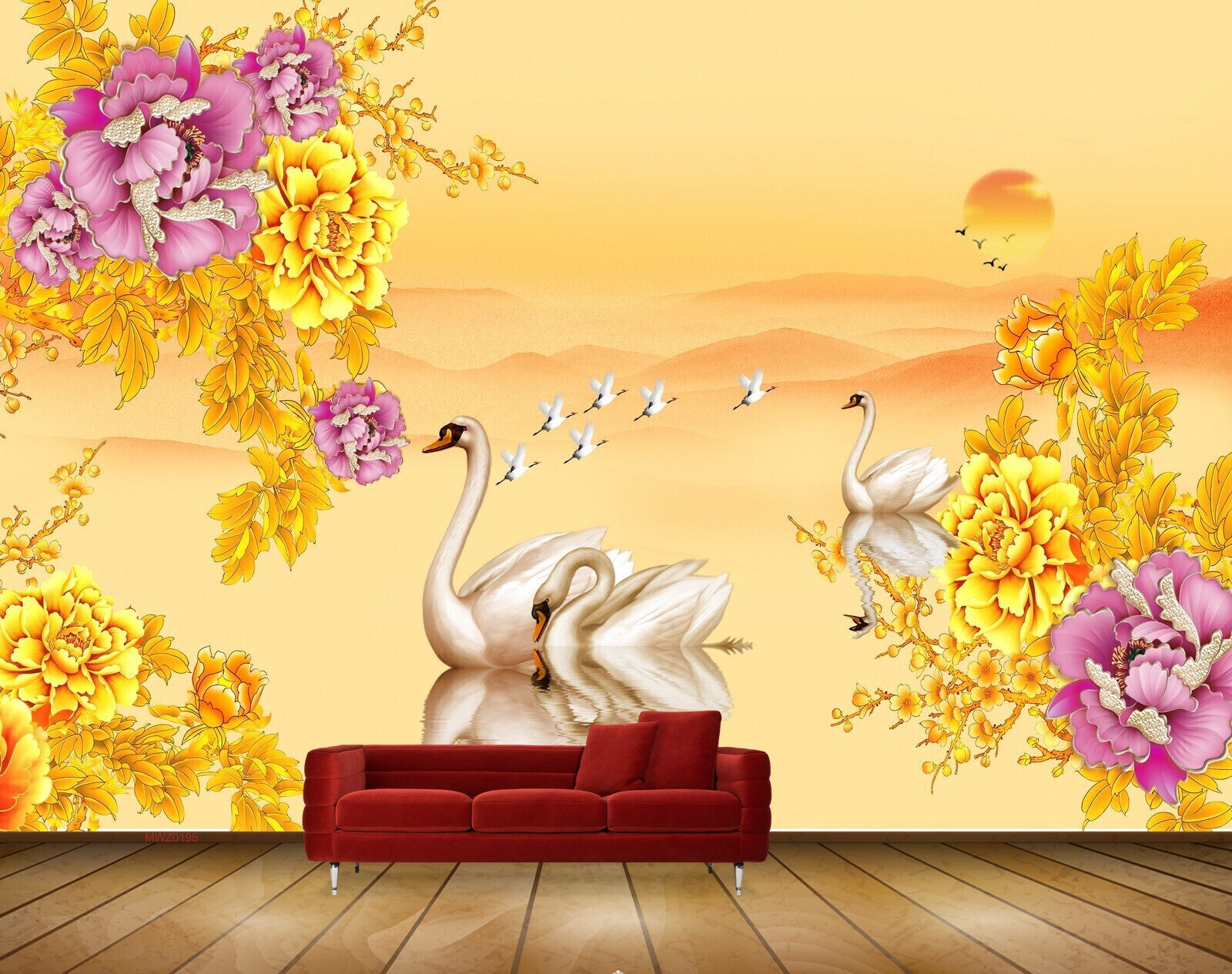 Avikalp MWZ0195 Orange Pink Flowers Swans Birds 3D HD Wallpaper