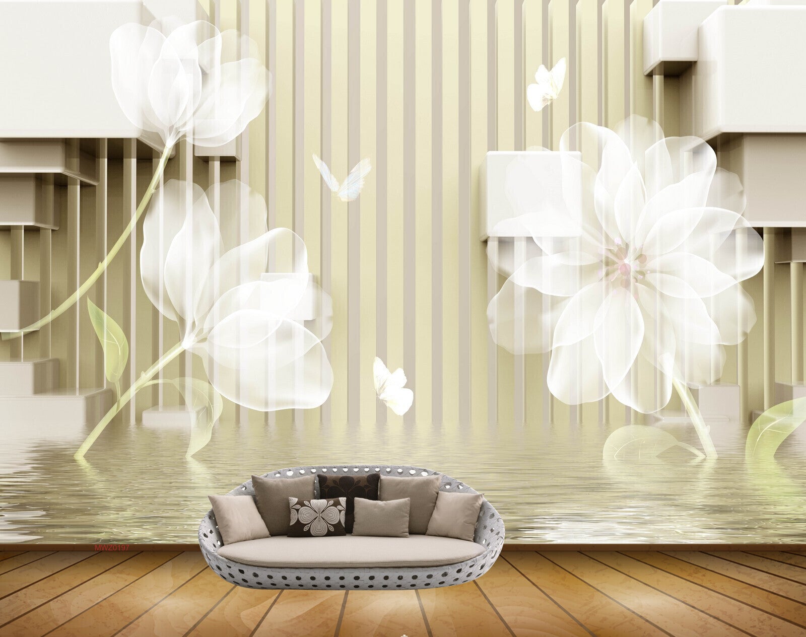Avikalp MWZ0197 White Flowers Butterflies 3D HD Wallpaper