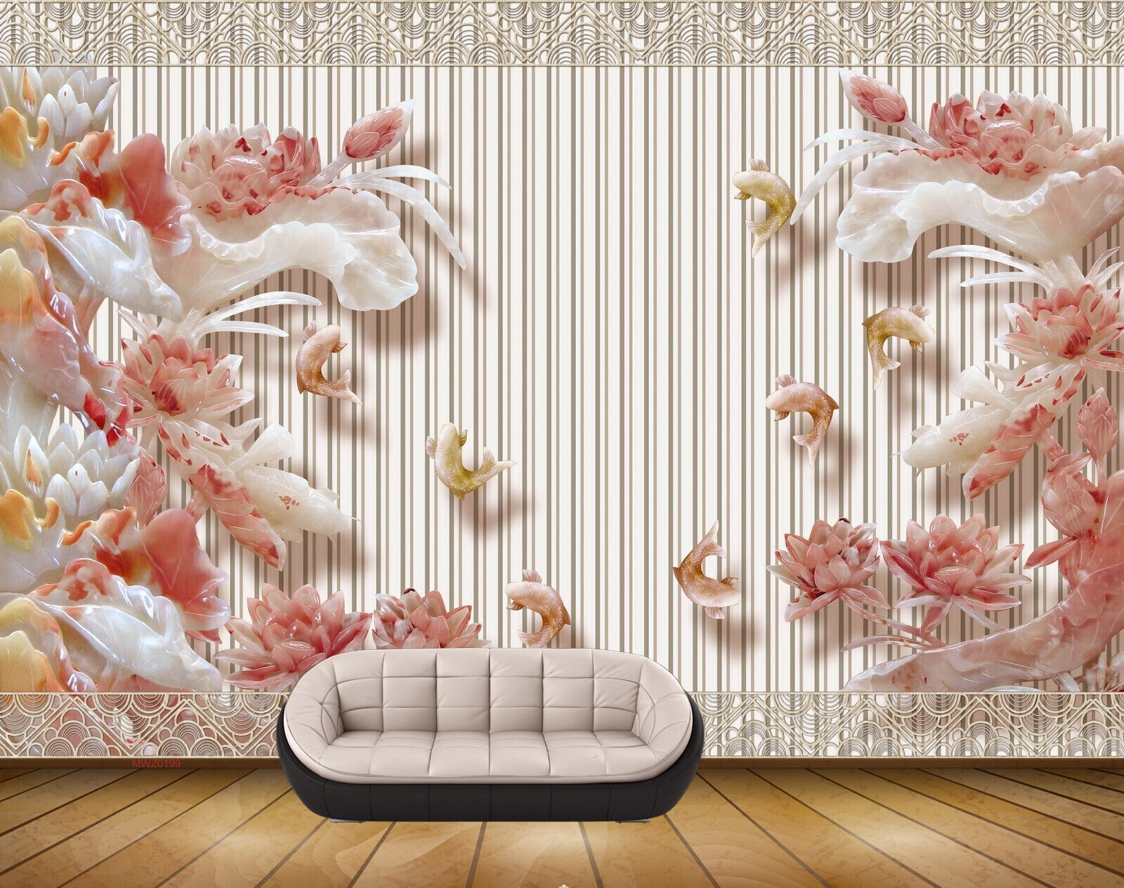 Avikalp MWZ0199 White Pink Flowers Fishes 3D HD Wallpaper