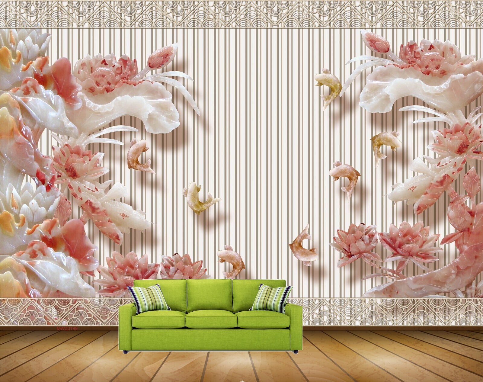 Avikalp MWZ0199 White Pink Flowers Fishes 3D HD Wallpaper
