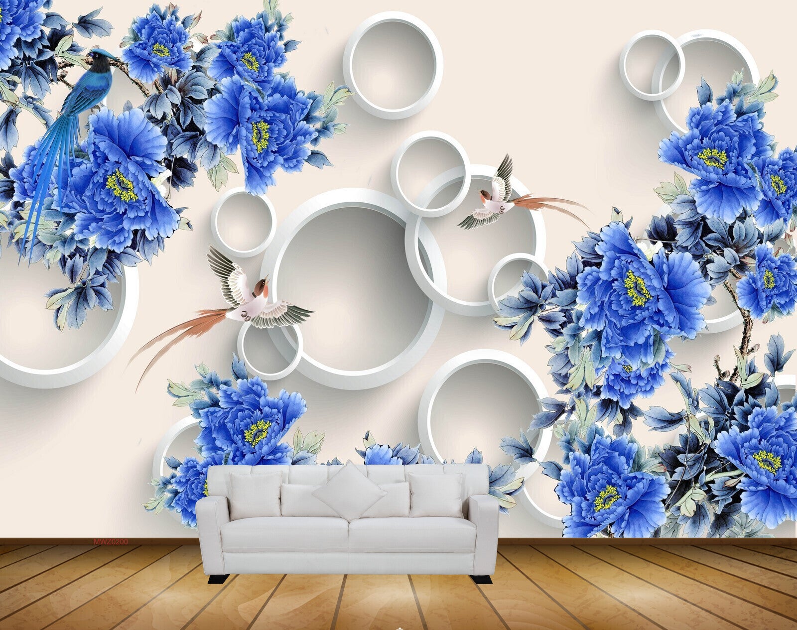 Avikalp MWZ0200 Blue Flowers Birds Branches 3D HD Wallpaper