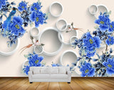 Avikalp MWZ0200 Blue Flowers Birds Branches 3D HD Wallpaper