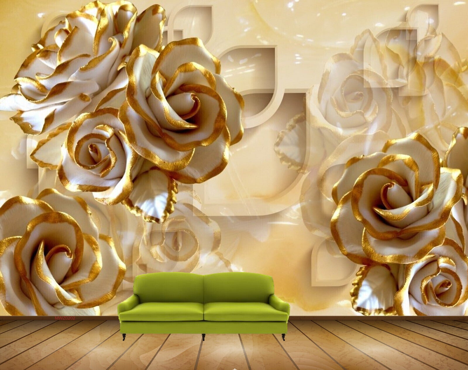 Avikalp MWZ0202 White Gold Flowers 3D HD Wallpaper