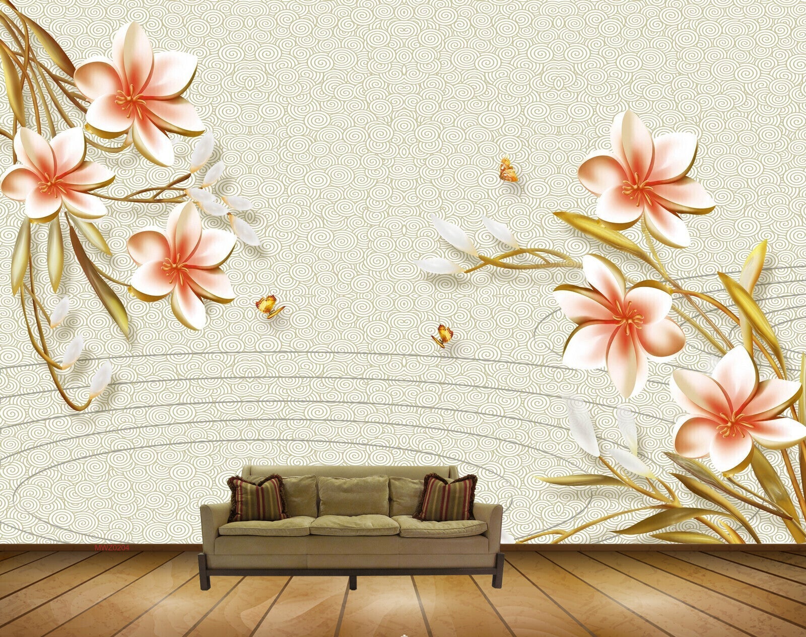 Avikalp MWZ0204 White Red Flowers Butterflies 3D HD Wallpaper