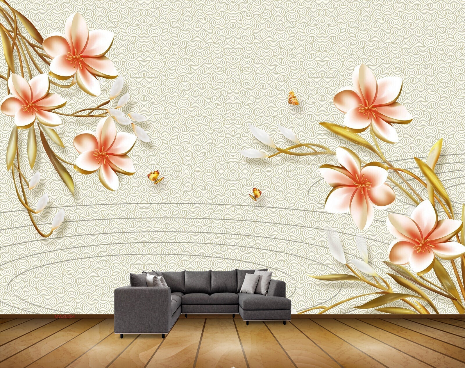 Avikalp MWZ0204 White Red Flowers Butterflies 3D HD Wallpaper