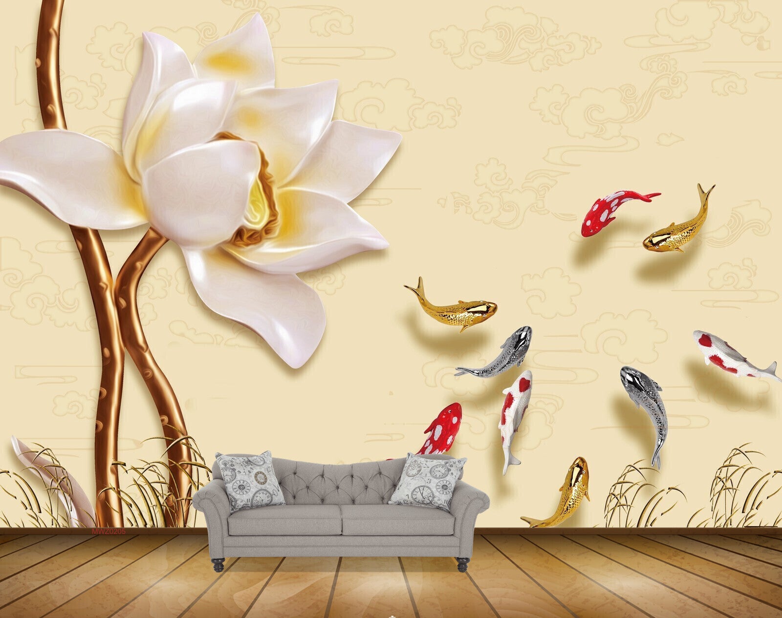 Avikalp MWZ0205 White Flower Fishes HD Wallpaper