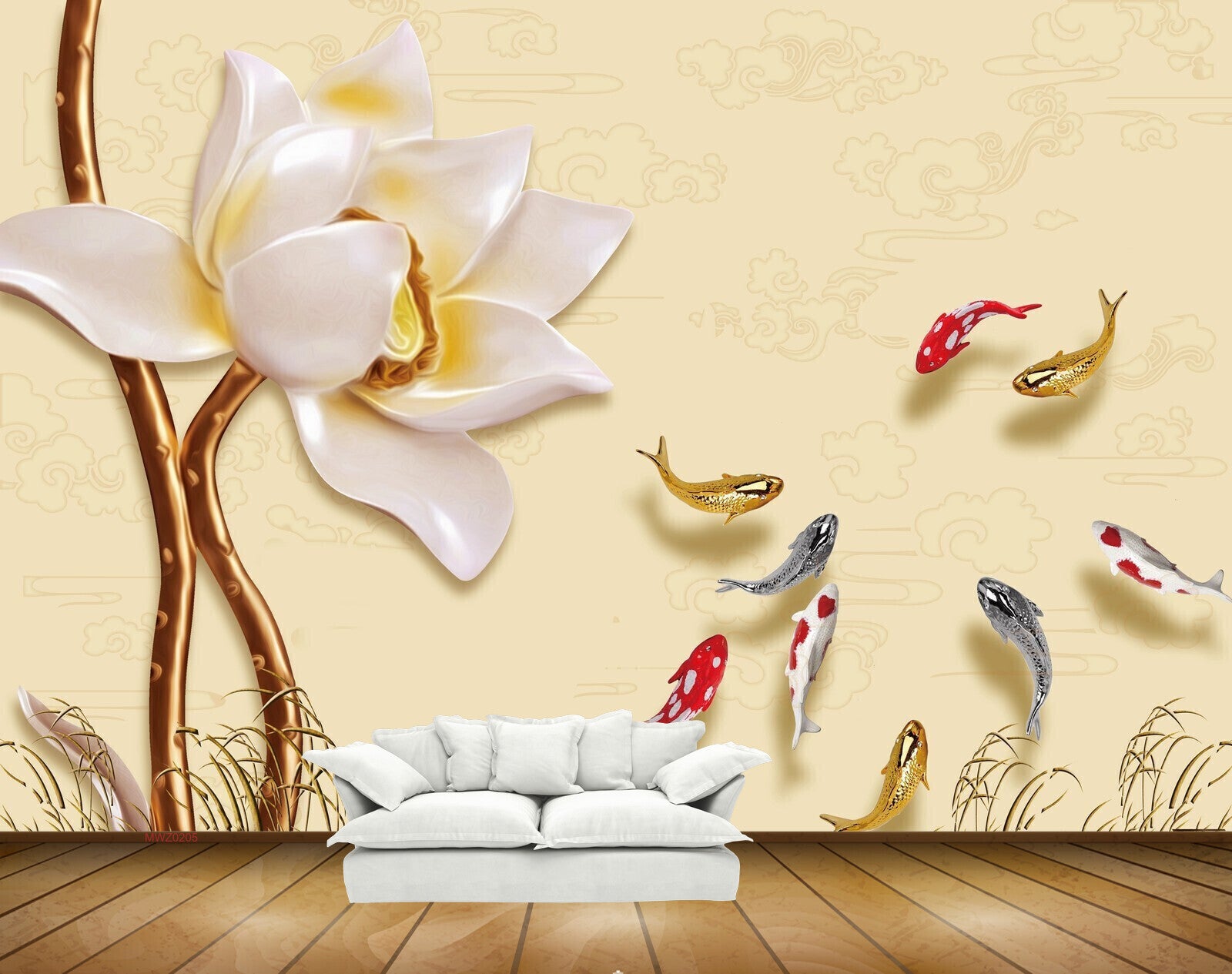 Avikalp MWZ0205 White Flower Fishes 3D HD Wallpaper