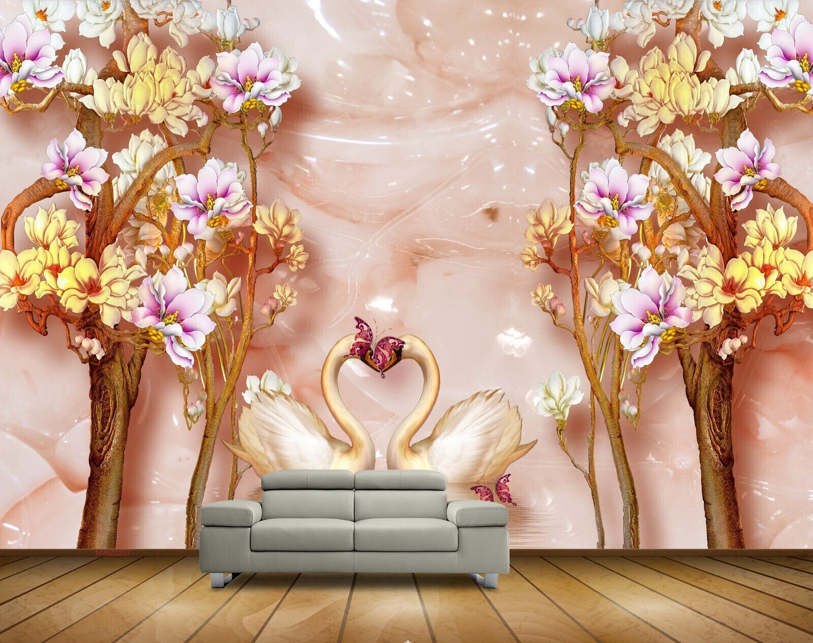 Avikalp MWZ0207 White Yellow Flowers Trees Butterflies 3D HD Wallpaper