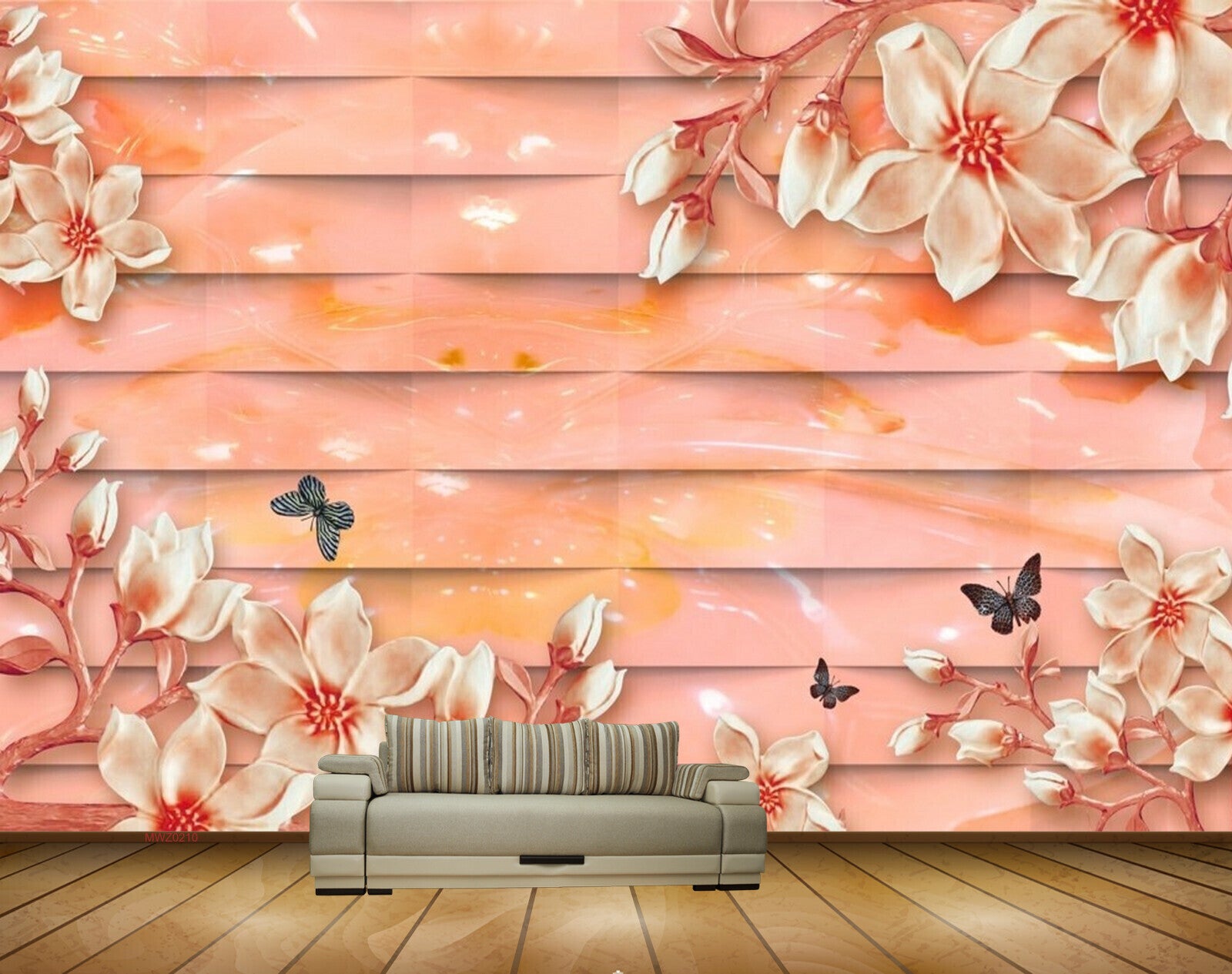 Avikalp MWZ0210 White Pink Flowers Butterflies 3D HD Wallpaper