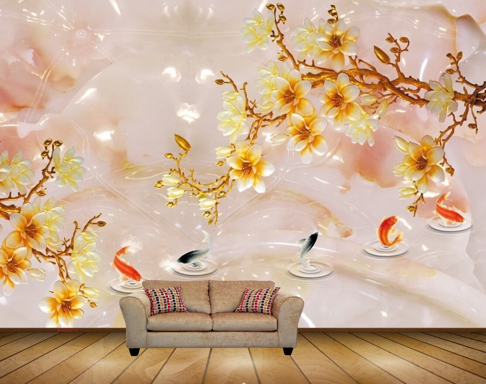 Avikalp MWZ0211 White Yellow Flowers Fishes Branches 3D HD Wallpaper