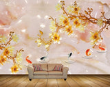 Avikalp MWZ0211 White Yellow Flowers Fishes Branches 3D HD Wallpaper