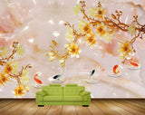 Avikalp MWZ0211 White Yellow Flowers Fishes Branches 3D HD Wallpaper