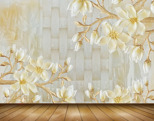 Avikalp MWZ0214 White Golden Flowers 3D HD Wallpaper