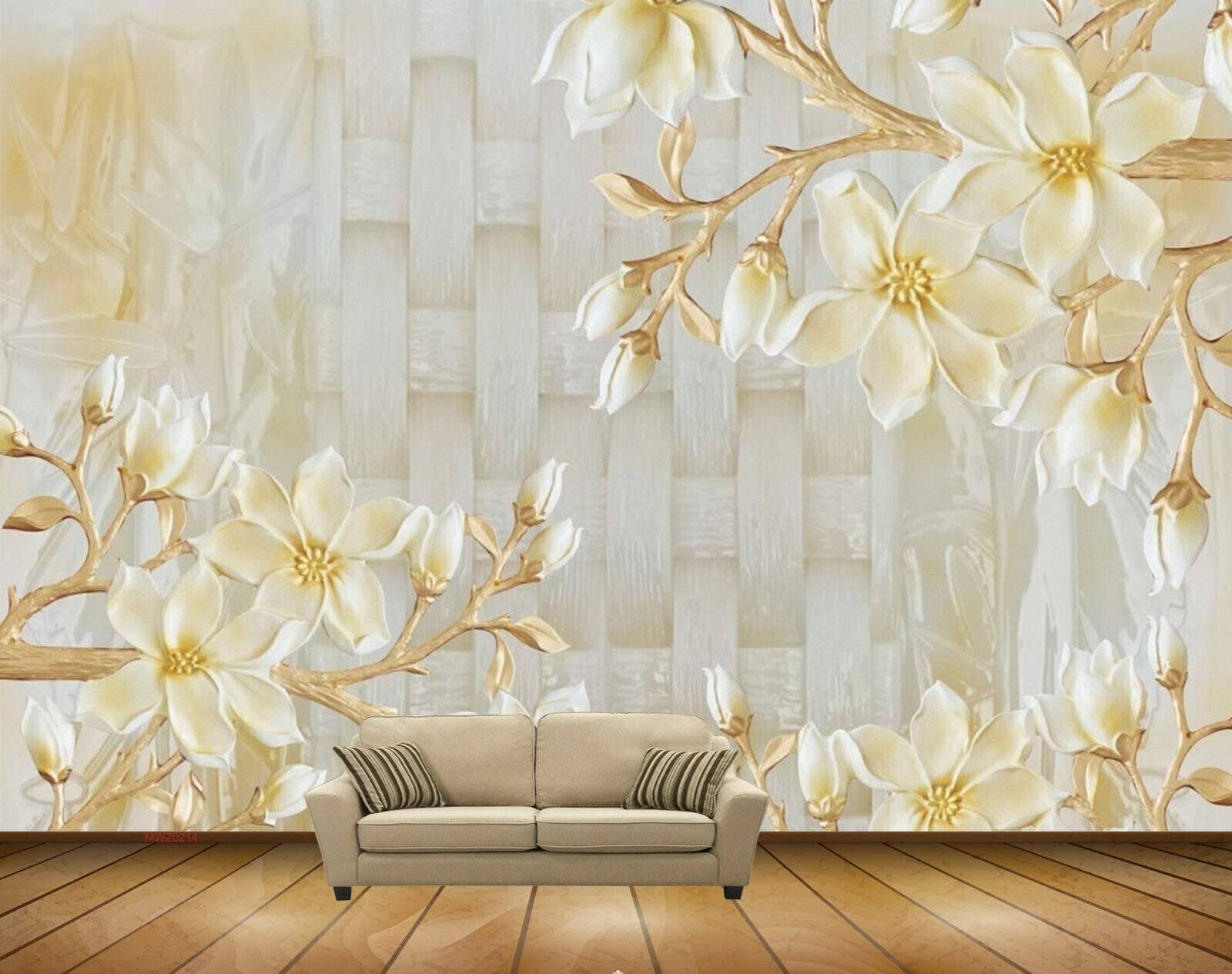 Avikalp MWZ0214 White Golden Flowers 3D HD Wallpaper