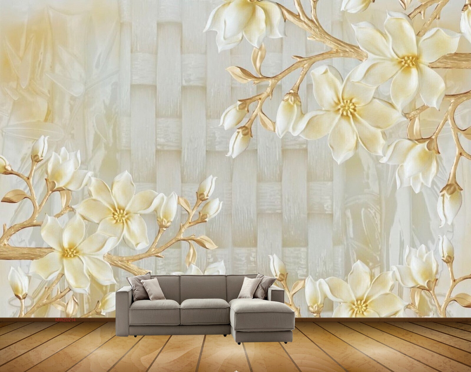 Avikalp MWZ0214 White Golden Flowers 3D HD Wallpaper