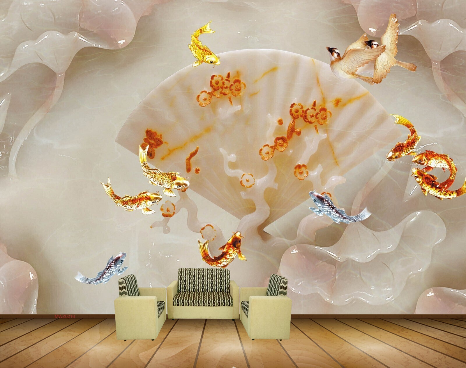 Avikalp MWZ0216 White Flowers Fishes Birds 3D HD Wallpaper