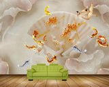 Avikalp MWZ0216 White Flowers Fishes Birds 3D HD Wallpaper