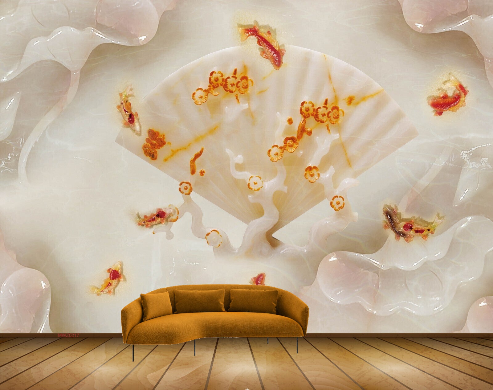Avikalp MWZ0217 White Orange Flowers Fishes 3D HD Wallpaper